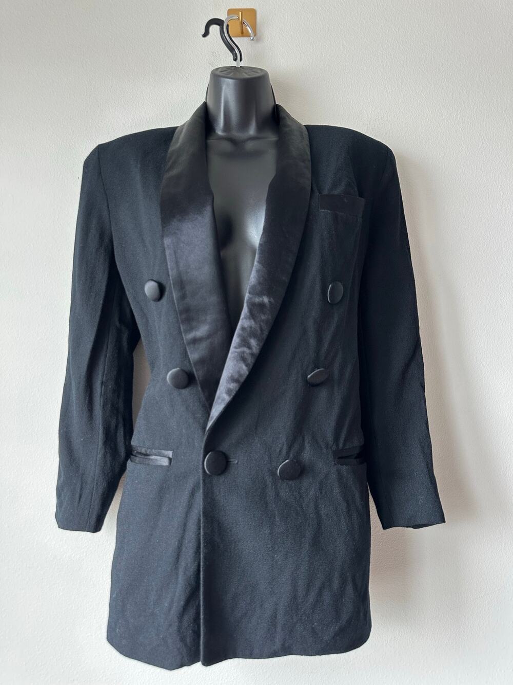 Vintage 80s Wool Black Tuxedo Blazer Double Breasted Satin Lapel Oversized S